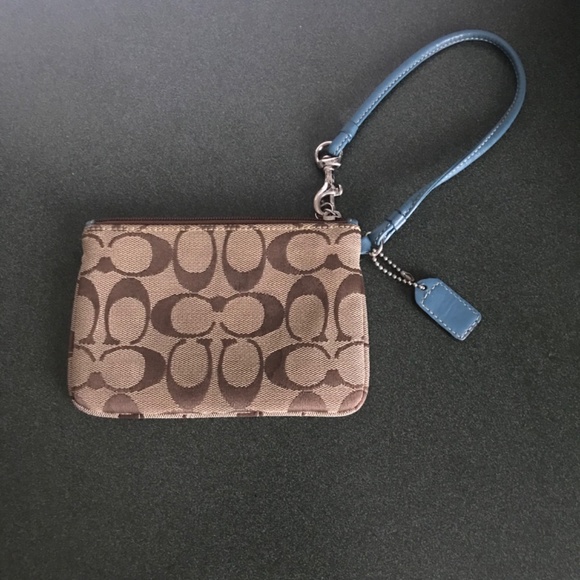 Coach Teal/Khaki Canvas Leather Wristlet Mini Pouch - Picture 4 of 16